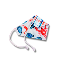 Load image into Gallery viewer, Seafood Platter reversible dog bandana with soft macrame cord tie closure. Free Personalization available