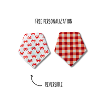 Load image into Gallery viewer, Kinda Crabby reversible dog bandana with soft macrame cord tie closure. Free personalization