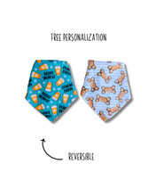 Load image into Gallery viewer, Happy Hour reversible dog bandana with soft macrame cord tie closure. Free Personalization available