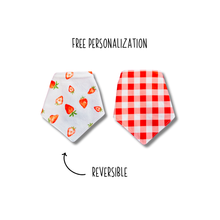Load image into Gallery viewer, Farm fresh strawberries reversible dog bandana with soft macrame cord tie closure. Free Personalization available