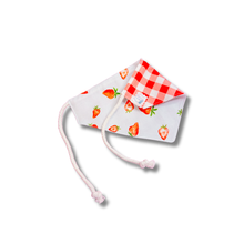 Load image into Gallery viewer, Farm fresh strawberries reversible dog bandana with soft macrame cord tie closure. Free Personalization available