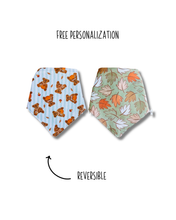 Load image into Gallery viewer, Bear-y Autumn reversible dog bandana with soft macrame cord tie closure. Free Personalization available