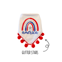 Load image into Gallery viewer, America Rainbow dog bandana with soft macrame cord tie closure available with or without red pom trim