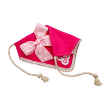 Load image into Gallery viewer, Personalized "Bark-bie" Girl Bandana with Detachable Light Pink Polka Dot Bow with Soft Macramé Cord Tie Closure