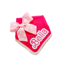 Load image into Gallery viewer, Personalized "Bark-bie" Girl Bandana with Detachable Light Pink Polka Dot Bow with Soft Macramé Cord Tie Closure
