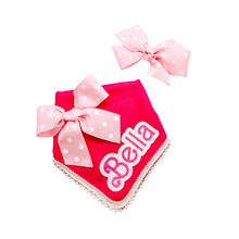 Load image into Gallery viewer, Personalized "Bark-bie" Girl Bandana with Detachable Light Pink Polka Dot Bow with Soft Macramé Cord Tie Closure