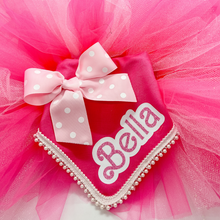 Load image into Gallery viewer, Personalized "Bark-bie" Girl Bandana with Detachable Light Pink Polka Dot Bow with Soft Macramé Cord Tie Closure