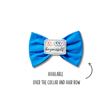 Load image into Gallery viewer, Turquoise Bow Tie with embroidered "Be yourself" feltie made with Alligator hair clip, over the collar or elastic headband (2 sizes available)