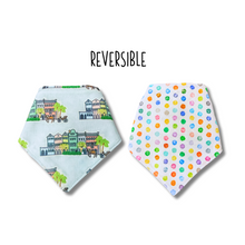 Load image into Gallery viewer, Charleston Rainbow Row (Blue) reversible dog bandana with soft macrame cord tie closure. Free Personalization available
