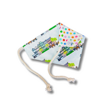 Load image into Gallery viewer, Charleston Rainbow Row (Blue) reversible dog bandana with soft macrame cord tie closure. Free Personalization available
