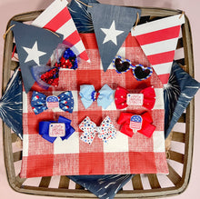 Load image into Gallery viewer, Red and white stars bow tie with with embroidered Happy Birthday America feltie center made with Alligator hair clip, over the collar or elastic headband (2 sizes available)