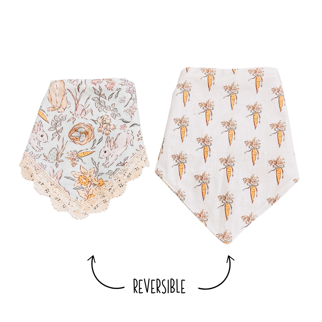 Easter Bunny and Carrots Reversible Bandana with optional lace trim (Look for matching hair bow and bow tie) FREE personalization