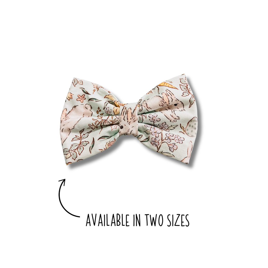 Garden bunny bow tie made with Alligator hair clip, over the collar or elastic headband (2 sizes available)