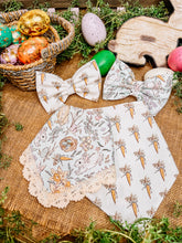 Load image into Gallery viewer, Easter Bunny and Carrots Reversible Bandana with optional lace trim (Look for matching hair bow and bow tie) FREE personalization
