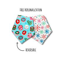 Load image into Gallery viewer, Cakes and Snowflakes Christmas reversible dog bandana with soft macrame cord tie closure FREE Personalization