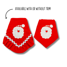 Load image into Gallery viewer, Santa applique dog bandana on red corduroy with soft macrame cord tie closure. Available with or without ruffle