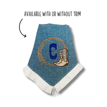 Load image into Gallery viewer, Cowboy monogrammed machine embroidered dog bandana with soft macrame cord tie closure