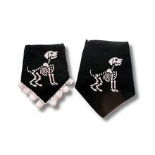 Load image into Gallery viewer, Skeleton Dog machine embroidered dog bandana with soft macrame cord tie closure