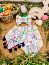 Load image into Gallery viewer, I&#39;m a little eggstra dog bandana available with or without purple pom trim ( look for matching bow)

