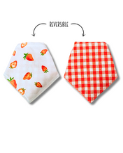 Load image into Gallery viewer, Farm fresh strawberries reversible dog bandana with soft macrame cord tie closure. Free Personalization available