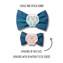 Load image into Gallery viewer, Lightweight denim bow tie with optional &quot;Floppy Bunny&quot; feltie center made with Alligator hair clip, over the collar or elastic headband (2 sizes available)
