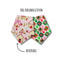Load image into Gallery viewer, Glitter gingerbread house and paw Christmas reversible dog bandana with soft macrame cord tie closure FREE Personalization
