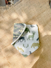 Load image into Gallery viewer, Woodland Camo In Green reversible dog bandana with soft macrame cord tie closure. Free Personalization available