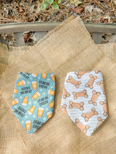Load image into Gallery viewer, Happy Hour reversible dog bandana with soft macrame cord tie closure. Free Personalization available