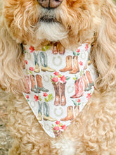 Load image into Gallery viewer, Rodeo Blooms reversible dog bandana with soft macrame cord tie closure. Free Personalization available