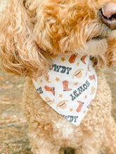 Load image into Gallery viewer, Howdy, Fall reversible dog bandana with soft macrame cord tie closure. Free Personalization available