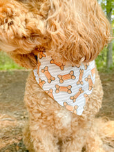 Load image into Gallery viewer, Happy Hour reversible dog bandana with soft macrame cord tie closure. Free Personalization available