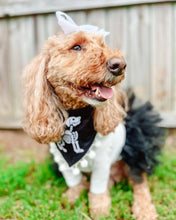 Load image into Gallery viewer, Skeleton Dog machine embroidered dog bandana with soft macrame cord tie closure