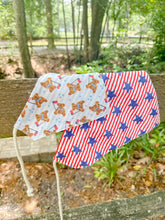 Load image into Gallery viewer, Freedom Teddy reversible dog bandana with soft macrame cord tie closure. Free personalization