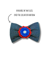 Load image into Gallery viewer, Denim bow tie with "Layered Flower" feltie made with Alligator hair clip and over the collar (2 sizes available)