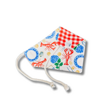 Load image into Gallery viewer, Lobster Boil reversible dog bandana with soft macrame cord tie closure. Free Personalization available
