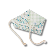 Load image into Gallery viewer, Lowcountry Oyster reversible dog bandana with soft macrame cord tie closure. Free Personalization available