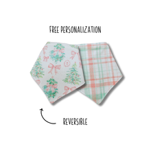 Load image into Gallery viewer, Pastel trees, bows and plaid Christmas reversible dog bandana with soft macrame cord tie closure FREE Personalization