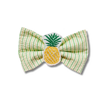 Load image into Gallery viewer, Pineapple on seersucker Feltie Bow Tie made with Alligator hair clip or over the collar (2 sizes available)