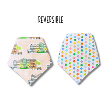 Load image into Gallery viewer, Charleston Rainbow Row (Pink) reversible dog bandana with soft macrame cord tie closure. Free Personalization available