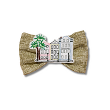 Load image into Gallery viewer, Rainbow Row on Burlap Feltie Bow Tie made with Alligator hair clip, over the collar or elastic headband (2 sizes available)