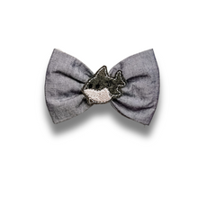 Load image into Gallery viewer, Blue Chambray Shark feltie  bow tie made with Alligator hair clip, over the collar or elastic headband (2 sizes available)