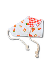 Load image into Gallery viewer, Farm fresh strawberries reversible dog bandana with soft macrame cord tie closure. Free Personalization available