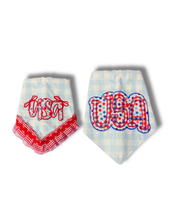 Load image into Gallery viewer, Liberty USA Applique dog bandana with soft macrame cord tie closure.