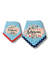 Load image into Gallery viewer, All American Pup dog bandana with soft macrame cord tie closure