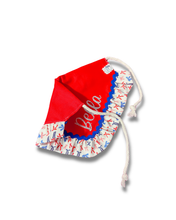 Load image into Gallery viewer, Americana Babe dog bandana with soft macrame cord tie closure