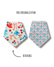 Load image into Gallery viewer, Ribbon & Liberty reversible dog bandana with soft macrame cord tie closure. Free personalization