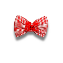 Load image into Gallery viewer, Crab on red check feltie bow tie made with Alligator hair clip, over the collar or elastic headband (2 sizes available)