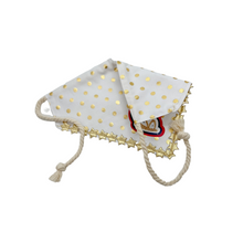 Load image into Gallery viewer, Gold Polka Dot dog bandana with soft macrame cord tie closure available with or without gold star trim trim