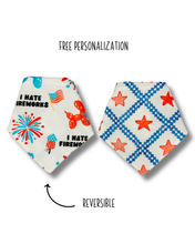 Load image into Gallery viewer, I hate fireworks reversible dog bandana with soft macrame cord tie closure. Free personalization