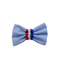 Load image into Gallery viewer, Light blue bow tie with sequin center bow tie made with Alligator hair clip, over the collar or elastic headband (2 sizes available)